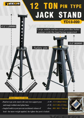 12 Ton Kapasitas Pin Tipe Jack Stand dengan safety pin dan sudut gigi Post kunci dan luas permukaan pelana